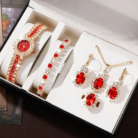 Scarlet Glam Collection: 6-Piece Red Crystal Jewelry & Watch Set