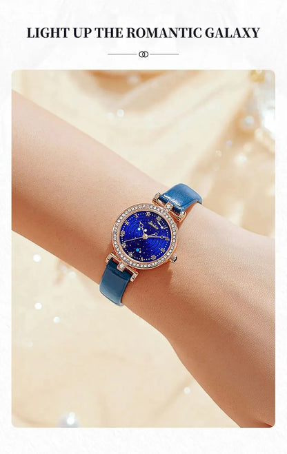 Sunkta Starry Sky Watch: Elegant Blue Crystal-Accented Women's Watch