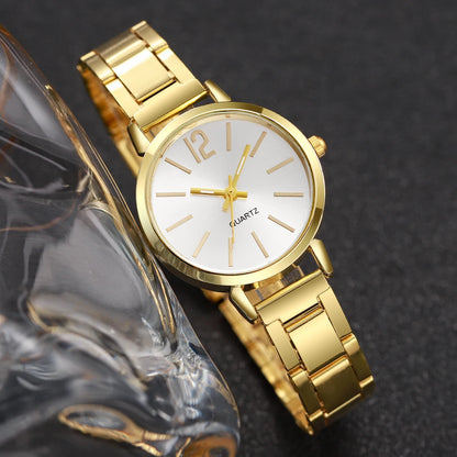 Gold Quartz Watch & LOVE Bracelet Set – Timeless Elegance for Women