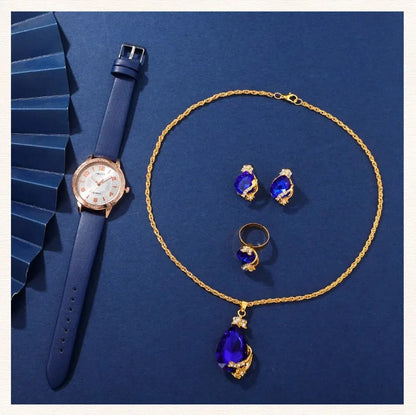 Midnight Sapphire Collection: Blue Leather Watch & Crystal Jewelry Set