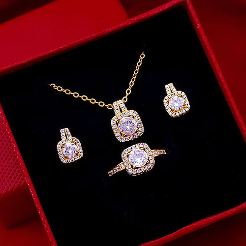 Luxury Zircon Jewelry Set with Gold Finish - Necklace, Earrings & Ring for Women