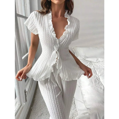 Elegant Lace-Knit Pajama Set – Soft Jacquard Sleepwear