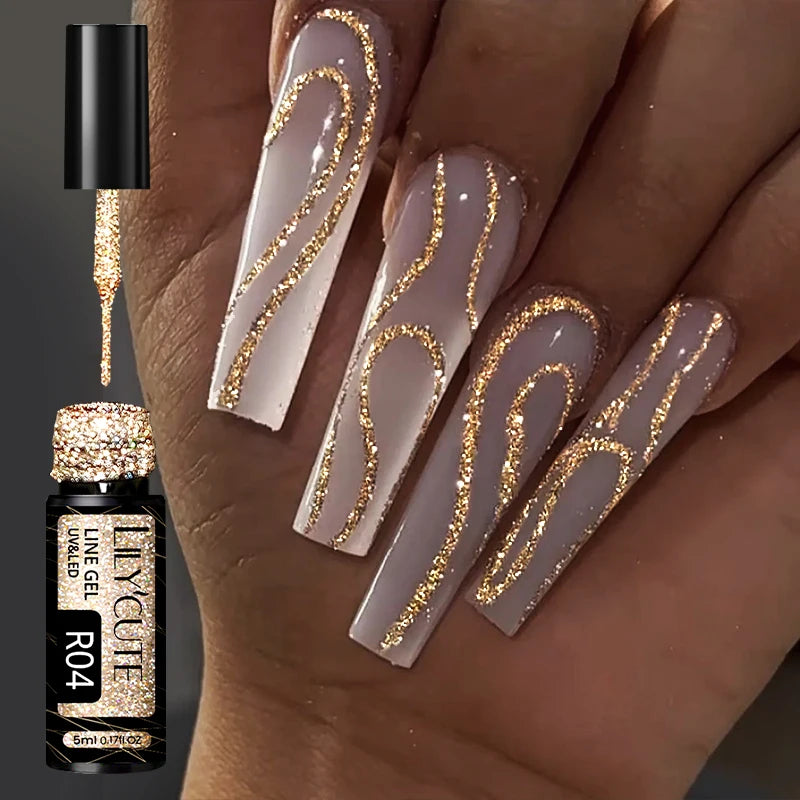 LilyCUTE Champagne Gold Glitter Liner Gel – Reflective & Long-Lasting Nail Art Gel