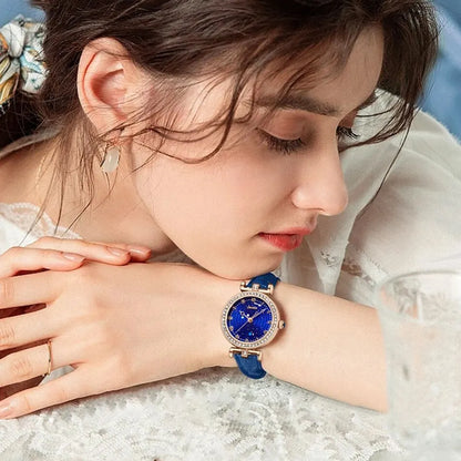 Sunkta Starry Sky Watch: Elegant Blue Crystal-Accented Women's Watch