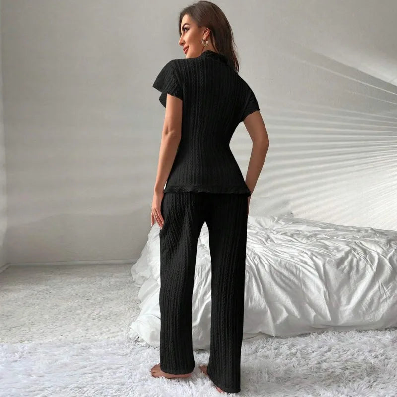 Elegant Lace-Knit Pajama Set – Soft Jacquard Sleepwear