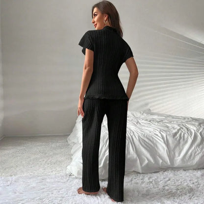 Elegant Lace-Knit Pajama Set – Soft Jacquard Sleepwear