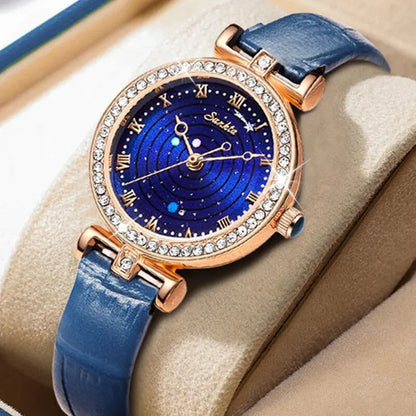 Sunkta Starry Sky Watch: Elegant Blue Crystal-Accented Women's Watch