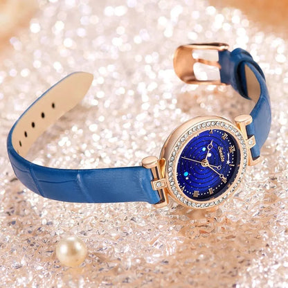 Sunkta Starry Sky Watch: Elegant Blue Crystal-Accented Women's Watch