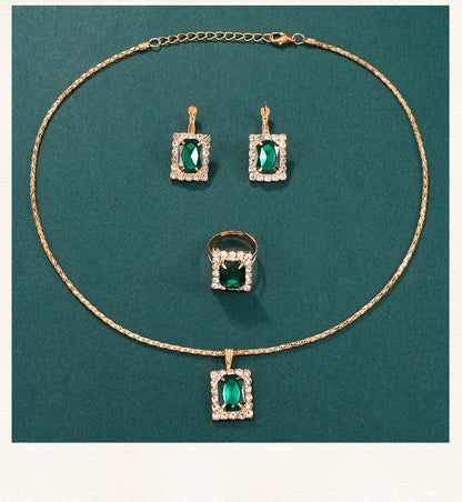 Emerald Luxe Collection: Fine Jewelry Set with Square-Cut Quartz Watch & Gemstone Accents