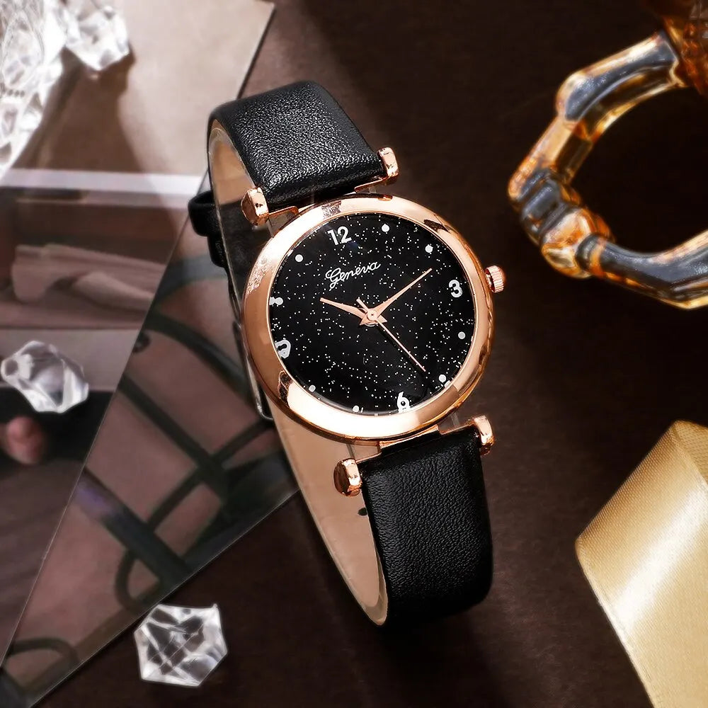 Black Gemstone Elegance: Luxury Watch & Jewelry Set