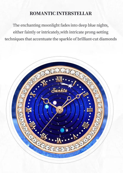 Sunkta Starry Sky Watch: Elegant Blue Crystal-Accented Women's Watch