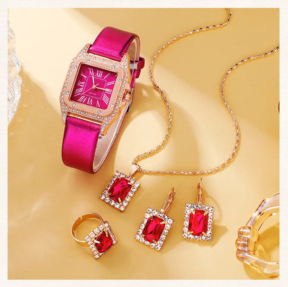 The Rose Red Luxe Collection: 6-Piece Gemstone Jewelry & Watch Set