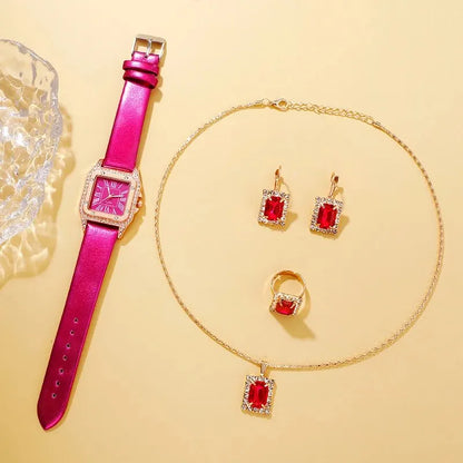 The Rose Red Luxe Collection: 6-Piece Gemstone Jewelry & Watch Set