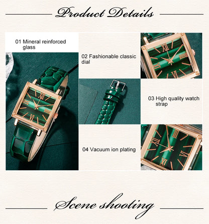 Emerald Luxe Collection: Fine Jewelry Set with Square-Cut Quartz Watch & Gemstone Accents