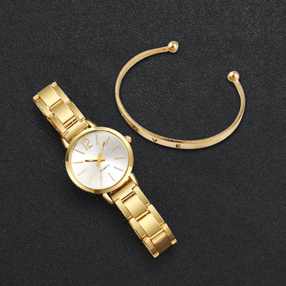 Gold Quartz Watch & LOVE Bracelet Set – Timeless Elegance for Women