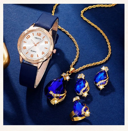 Midnight Sapphire Collection: Blue Leather Watch & Crystal Jewelry Set