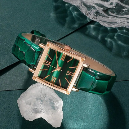 Emerald Luxe Collection: Fine Jewelry Set with Square-Cut Quartz Watch & Gemstone Accents