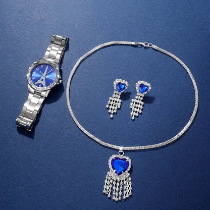 Parisian Dream Collection: Eiffel Tower Watch & Blue Heart Jewelry Set