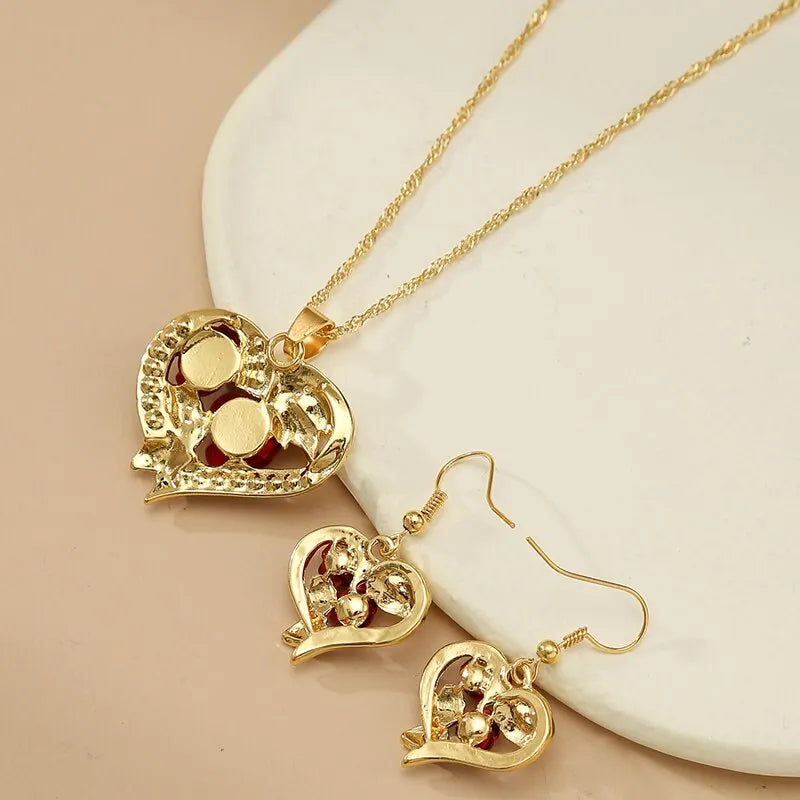 Rose Heart Jewelry Set: Necklace & Earrings with Red Roses and Crystals