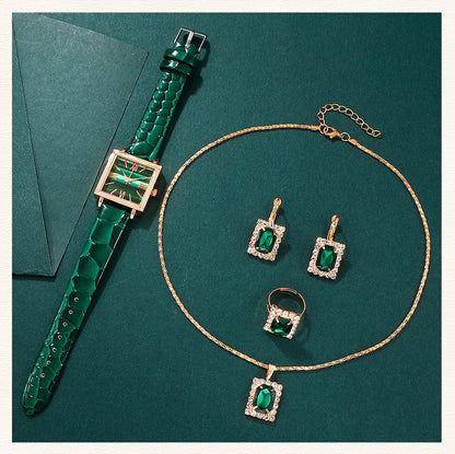 Emerald Luxe Collection: Fine Jewelry Set with Square-Cut Quartz Watch & Gemstone Accents