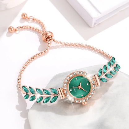 Emerald Glow Women’s 6-Piece Watch & Jewelry Set – Perfect Gift for Her