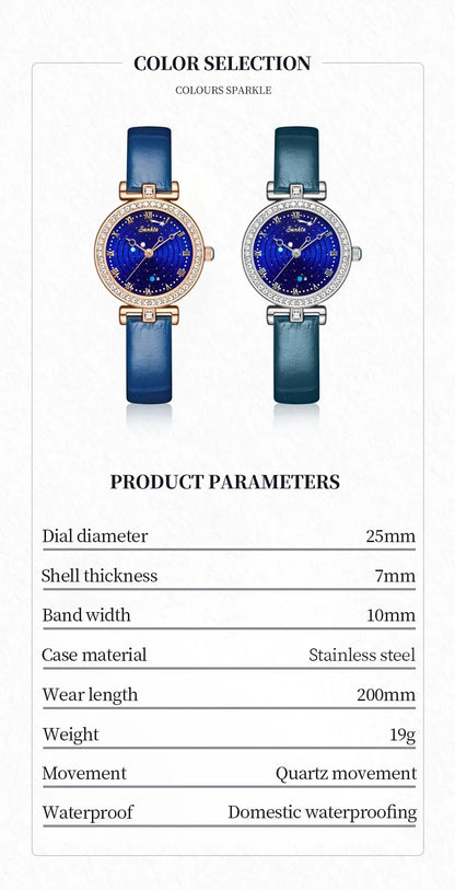 Sunkta Starry Sky Watch: Elegant Blue Crystal-Accented Women's Watch