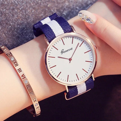 Parisian Stripe Collection: Unisex Quartz Watch with Red-White-Blue Nylon Band