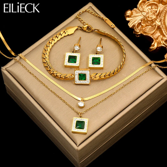 Golden Elegance Jewelry Set with Green Zircon – Necklace, Bracelet & Earrings